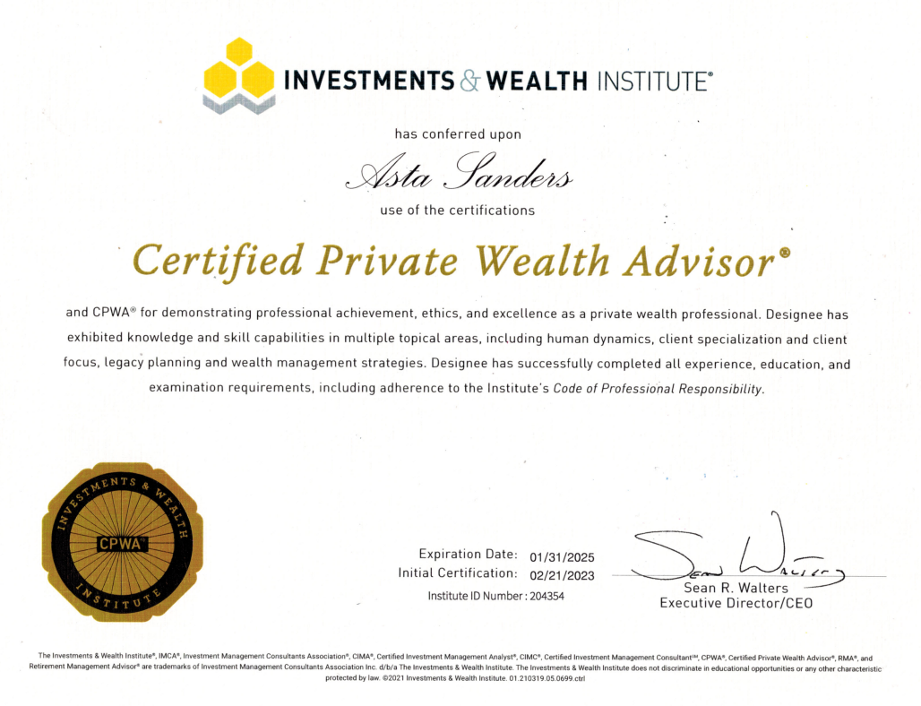 Asta Sanders CPWA&reg; certificate