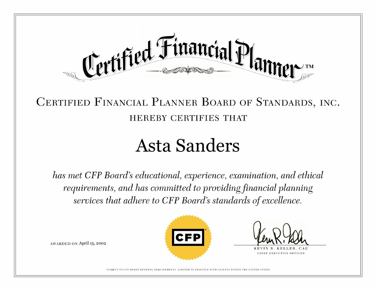 Asta Sanders CFP&reg; certificate