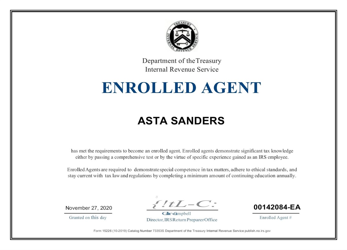 Asta Sanders enrolled agent certificate